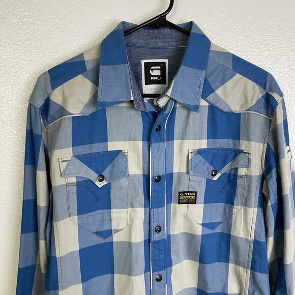 G-Star RAW Shirt Mens XL Blue Gray Plaid Button Up Western Pearl Snap Denim - Picture 3 of 12